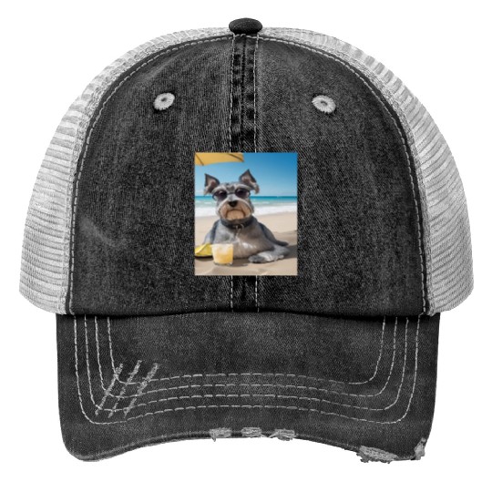 Schnauzer Chilling at Beach with a Drink Trucker Hats