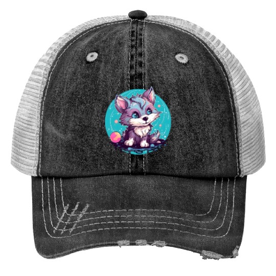 Digital Art Fox Sitting on Rock Crescent Moon Trucker Hats