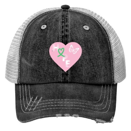 Liver Cancer Hope & Butterfly Heart Pink/Wht/Green Trucker Hats