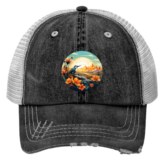 Beautiful Bird And Orange Morning Sunrise Trucker Hats