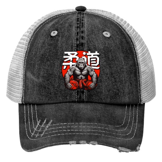 Judo Martial Arts Gorilla Japanese Text Red White Trucker Hats