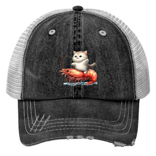 Cat rides on shrimp Trucker Hats