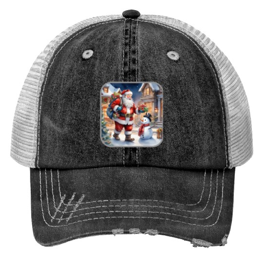 Santa Claus and a snowman distributes gifts. Trucker Hats