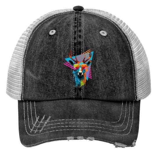 Deer with sunglasses 80s 90s Trucker Hats