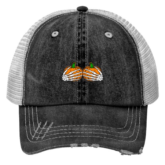 Halloween Skeleton Hands On Chest Pumpkin Boobs Trucker Hats