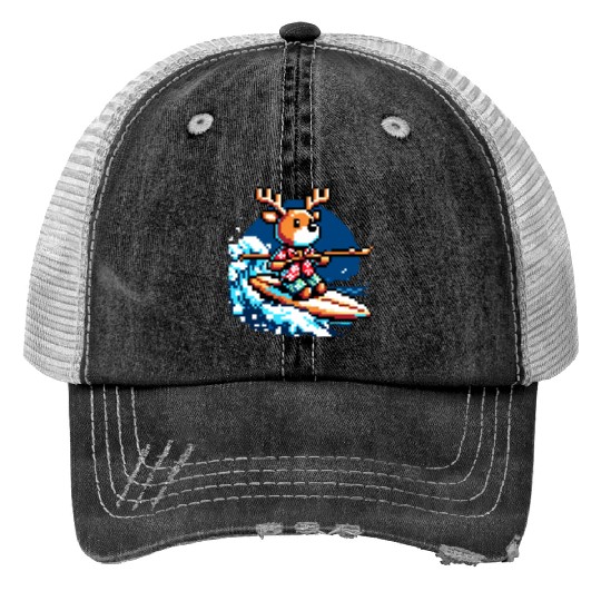 Surfing Reindeer: 8-Bit Holiday Wave Trucker Hats