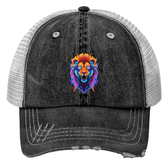 Roaring Spectrum: Colorful Lion Face Trucker Hats