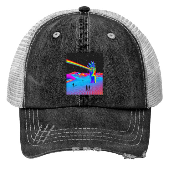 Rainbow In Galaxy Desert Night Retro Surrealism Trucker Hats
