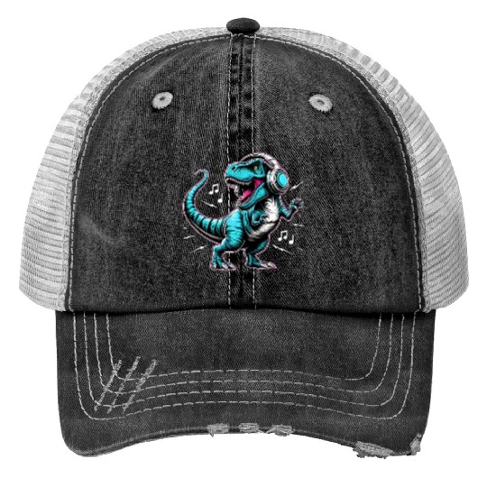 Dancing Tyrannosaurus Rex with Headphone Trucker Hats