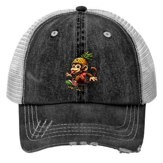 skateboarding monkey with pineapple helmet Trucker Hats