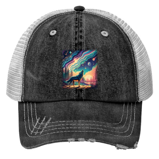 Majestic Wolf Howling At The Eclipse Trucker Hats