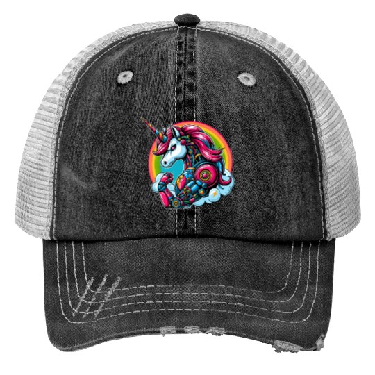Unicorn Robot Cyborg Rainbow Science Fiction Trucker Hats