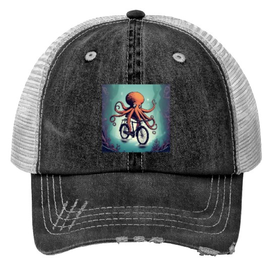 A weird octopus riding a bicycle Trucker Hats
