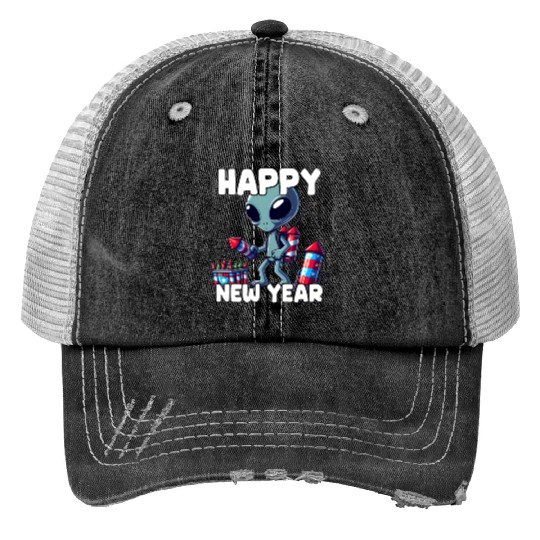 Festive alien with New Year greetings Trucker Hats