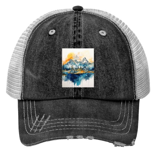 Abstract Watercolor Mountain Trucker Hats