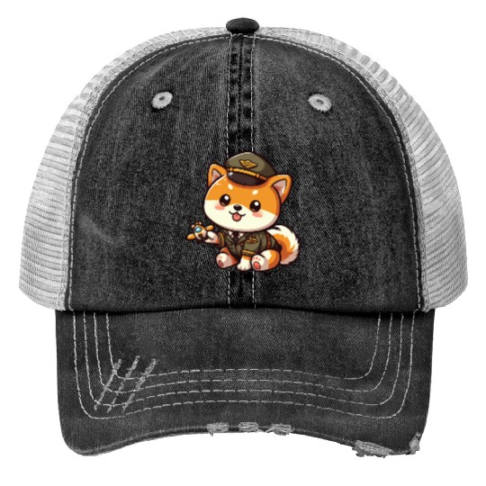 Cute Shiba Inu Pilot Playing Airplane Toys Trucker Hats
