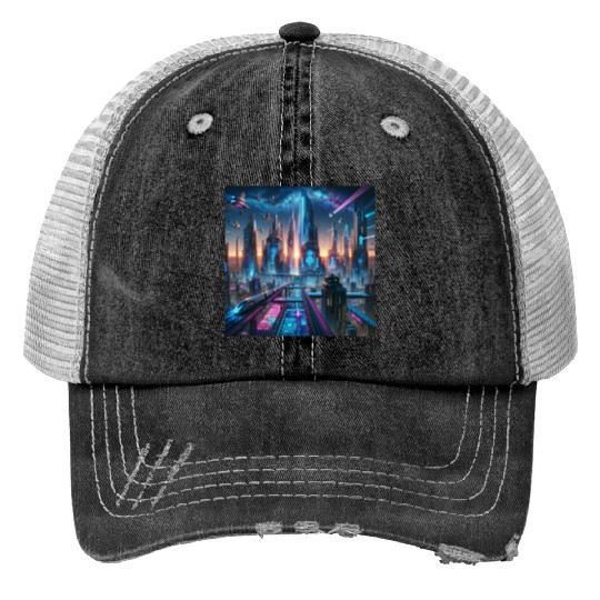 Future Metropolis Neon Cityscape at Night Trucker Hats