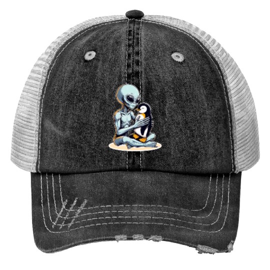 Alien Embracing Penguin Trucker Hats