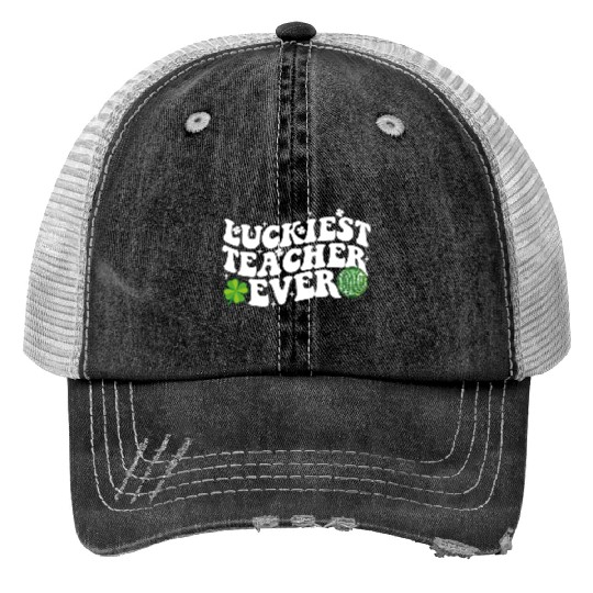 Luckiest Teacher Ever Disco Ball Shamrock Groovy Trucker Hats