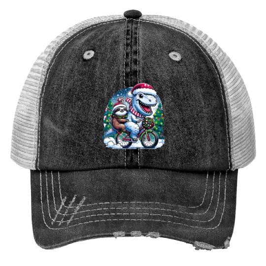 Winter Wonderland T-Rex and Sloth Cycling Duo Trucker Hats