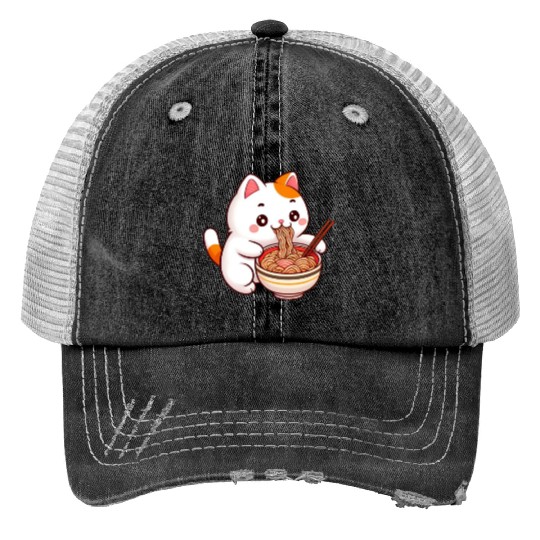 Cute Cat Eating Ramen Trucker Hats