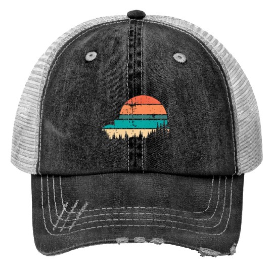 Retro Evergreen Sunset Stepped Circle Design Trucker Hats