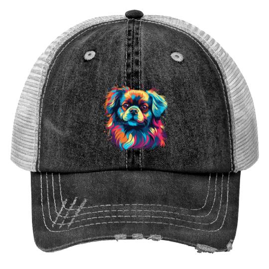 Watercolor Colorful Tibetan Spaniel Trucker Hats