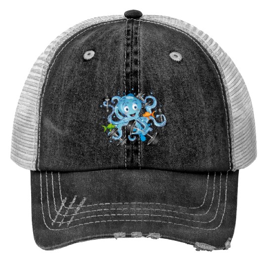 Bodybuilder octopus with dumbbells training Trucker Hats