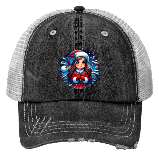Santa Claus Girl Illustration Funny Christmas Trucker Hats