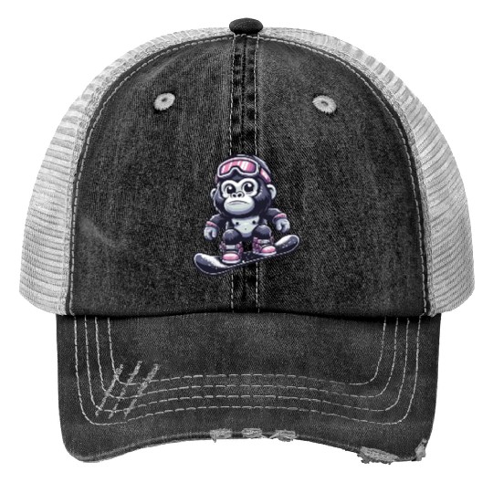 Monkey Gorilla Chimpanzee Ski Vacation Skier Trucker Hats