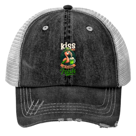 Irish Flamingo St Patricks Kiss I'm Flocking Irish Trucker Hats