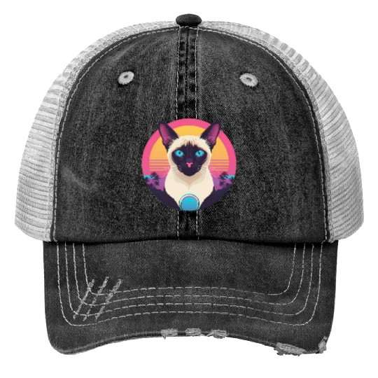 Synthwave Siamese Cat Trucker Hats