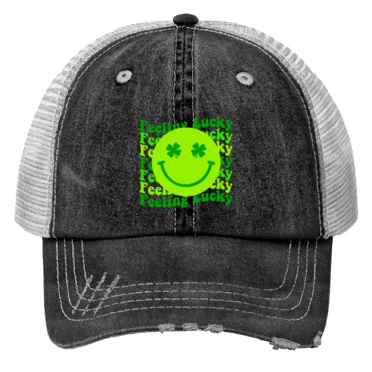 Irish Clover Feeling Lucky Smiling Face Trucker Hats