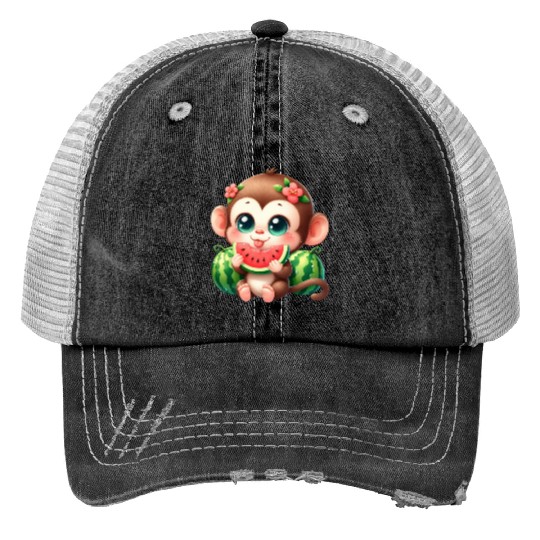 Monkey Eating Watermelon Trucker Hats
