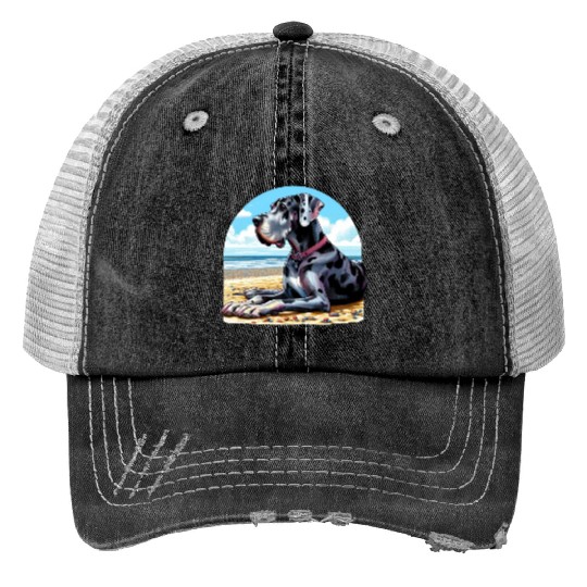 Great Dane On The Beach Trucker Hats