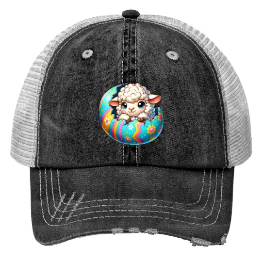 Colorful Lamb Hatching from Easter Egg Cartoon Trucker Hats