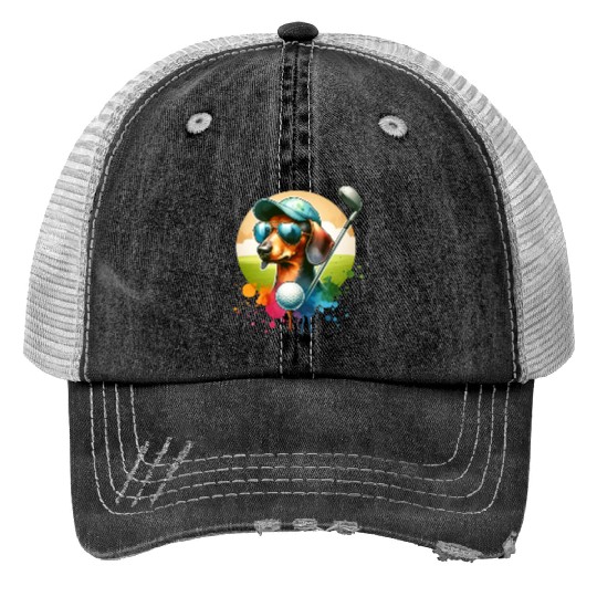 Cool Golf Player Dachshund Wiener Dog Design Trucker Hats