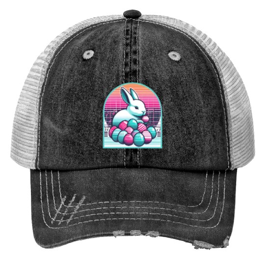 Synthwave Easter Bunny with Eggs Trucker Hats