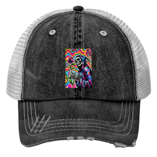 Psychedelic Grim Reaper Holding Sweet Pea Flower Trucker Hats