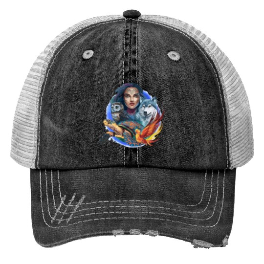 Wildlife Tribal Wolf Owl Turtle Woman for a Trucker Hats