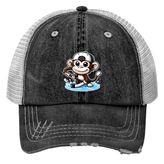 Funny Monkey Playing Hockey Ice Trucker Hats