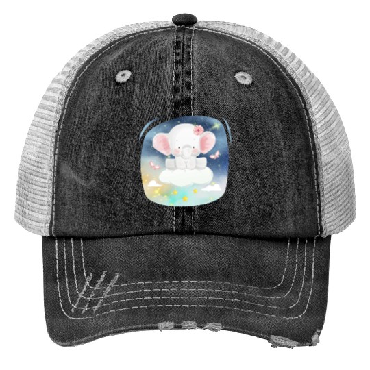Baby Elephant Ride Up To Sky Using Cloud Excited Trucker Hats