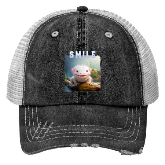 Whimsical Axolotl with Smile and Pastel Text Trucker Hats