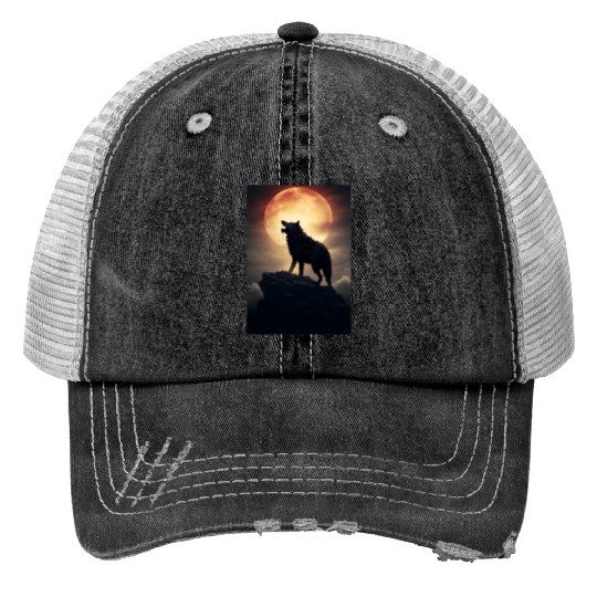 Digital art moon and wolf - Cool wolf leader Alfa Trucker Hats