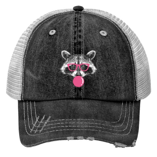 Raccoon Blows Bubblegum - Cute Bubblegum Raccoon Trucker Hats