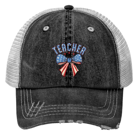 Teacher 4th Of July Coquette Bow Trucker Hats