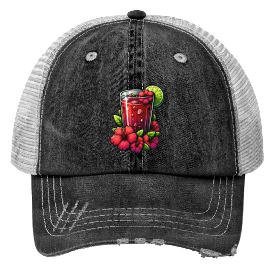 Red Flower Hibiscus Tea Trucker Hats