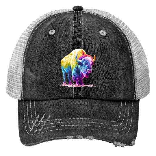 Vibrant Rainbow Buffalo Artwork Trucker Hats