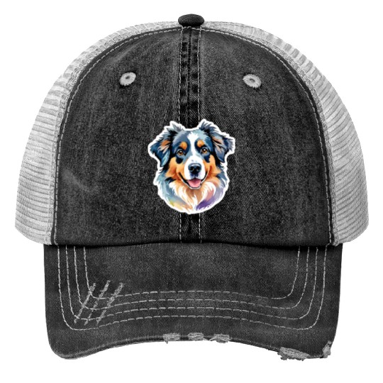 Australian Shepherd Watercolor Trucker Hats