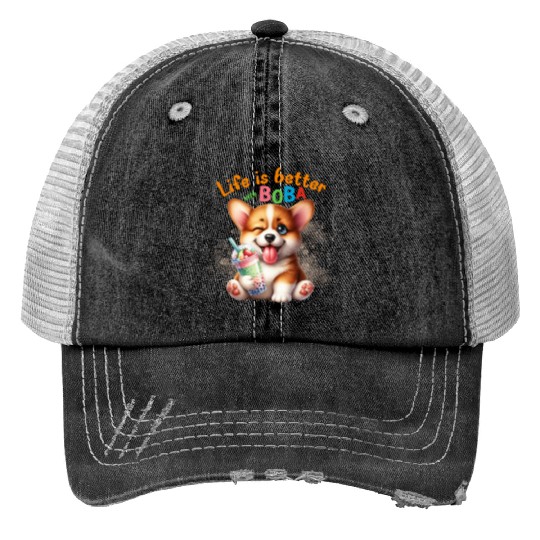 Corgi with BOBA tea Milk TEA Bubble tea Trucker Hats